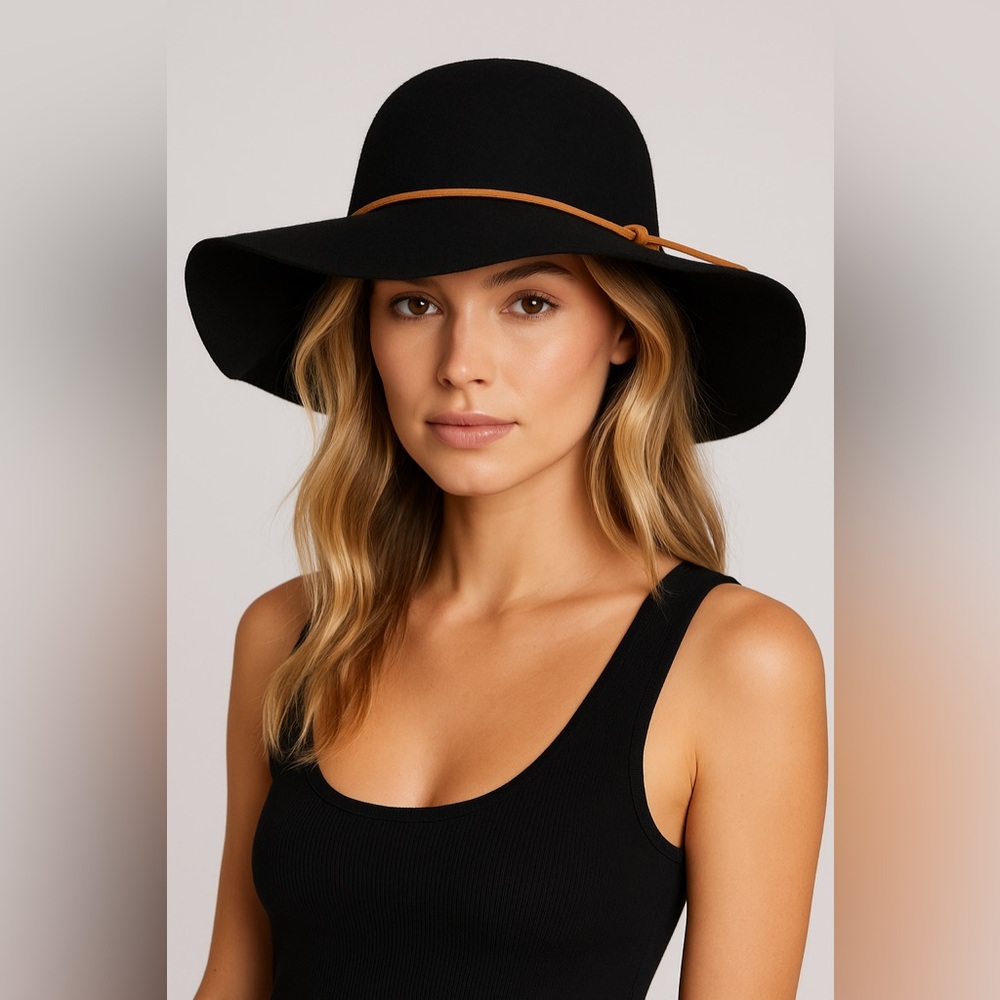 New! PHENIX Round Crown Floppy Wool & Leather Hat in Black One Size $100